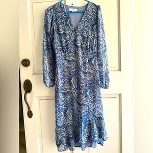 Lucky Brand Womens Long Sleeve Midi V Neck Tiered Hem Paisley Casual Flowy Dress
